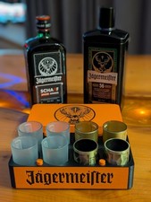 Jägermeister Set mit 8 Gläser Aufbewahrungs Box, Geschenk Box, 1x 0,7L JM Scharf