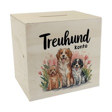 drei niedliche Hunde Spardose aus Holz - Treuhund Konto