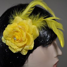 Blume GELB Blüte ROSE Haarclip Haarklammer Glitzer Federn Haarschmuck Feder