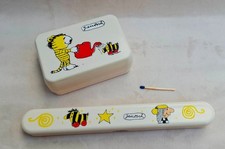 Vintage W Germany Janosch Tigerente Seifen Dose Zahnbürsten Dose beige Reise Set