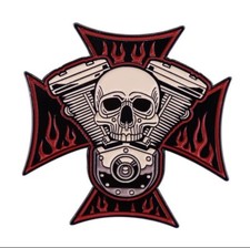 Pin, Anstecknadel, V2-Motor, Totenkopf, Eisernes Kreuz, Flammen, Biker, Kutte