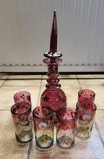 Antikes Wein Set Dekanter + 6 Gläser aus Glas, handbemalt mundgeblasen Blumen