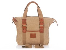 Canvas Leder Tasche Damen groß Umhängetasche Schultertasche Shopper Beige Braun