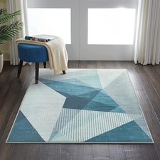 Kurzflor Teppich Geometrisches Muster Abstrakt Moderne Blau Grau Rutschfest