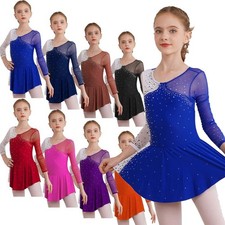 DE Mädchen Eiskunstlauf Kleid Tanzkleid Langarm Ballettanzug Gymnastikanzug