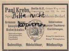 BERLIN, Werbung 1904, Paul Krebs Tischlerei-Bedarf