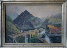 Ölbild Landschaft mit Brücke in den Bergen Bilderrahmen Antik Silber