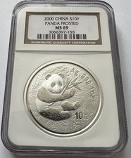 China Panda 2000 10 Yuan 1 Unze 999 Silber NGC MS69 Frosted Ring