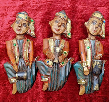 3 HANDGESCHNITZTE BURMESISCHE HOLZ MUSIKER PUPPE FIGUR BAUM WANDBEHANG. Schlagzeuger