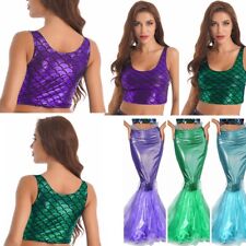 DE Damen Meerjungfrau Kostüm Crop Top+Fischschuppenrock Mermaid Halloween Kostüm