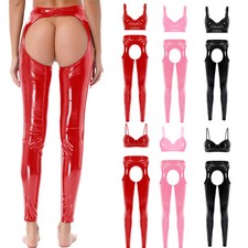 Damen Anzug Einfarbig Outfits Ausschnitt Set Glänzend Tops Lackleder Gut Club