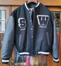 SCHOTT NYC Wethenew COLLEGE VARSITY JACKE Schwarz Lederärmel limitiert NEU Gr.L