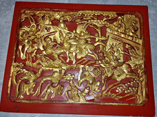 Asiatica Reliefbild Tempelszene Holzschnitzerei vergoldet Kriegsszene