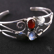 Vintage Floraler Armreif Armspange Armband Mondstein & Achat 925er Silber 18cm