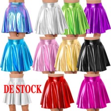 DE Damen Wetlook kurze Minirock Shiny Plisseerock Mini Skater Röcke Tanz
