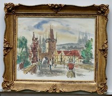 Stimmungsvolles Aquarell – Prag Karlsbrücke – Altstadtmotiv – signiert – Rahmen