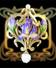 Art Nouveau Emallie Gelbgold 10K Lilairis mit Perlen Jugendstilbrosche um 1910