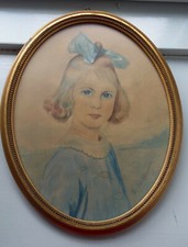 original Aquarell Kind Porträt junges Mädchen oval Rahmen singniert E.Geithmann