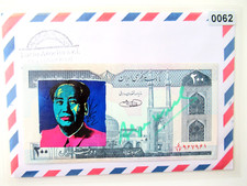 ANDY WARHOL:  ORIGINAL "MAO" Banknote  signiert, skizziert mit USPS-Stempel 1987