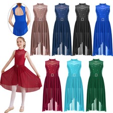 DE Mädchen Lyrische Tanzkleid Pailletten Ärmellos Rock Ballettanzug Tanzkleidung