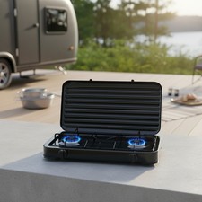 Gaskocher Camping 2 flammig mit Deckel Kochfeld Herd Outdoor Schwarz Metall 