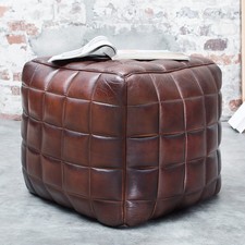 Retro Hocker RIDER 40cm braun Echtleder mit Ziersteppung Fußhocker Sitzwürfel