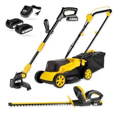 MISTER TOOL Rasenmäher Heckenschere Rasentrimmer, Akku Gartengeräte Set 2 Akkus