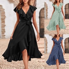 Damen Elegant Rüschen Partykleid Sommerkleid Midi Abendkleid Cocktail Ballkleid