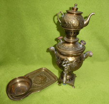 Antiker kleiner Holzkohle Samowar aus Messing handgefertigt mit Tablett u.Gefäße