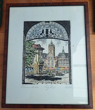 2 original Farbradierungen Peter Behrens + Richard Adler Darmstadt Schloss Markt