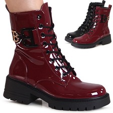 Damenschuhe Lack Stiefeletten Plateau Worker Biker Boots Combat Booties Ornament