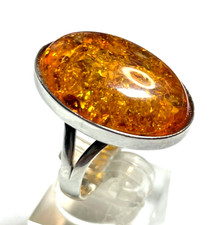 925 Silber Ring ovaler Bernstein Cabochon RG 59 Ø 18,8 solide Qualität gepflegt