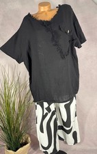 NEU  100 Leinen long Shirt  Fransen Italy Loose Fit kurzarm SCHWARZ 42 44 46