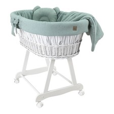 Stubenwagen Moseskorb AMELIA Weiß aus Weide mit Musselin Bettwäsche GOLD khaki