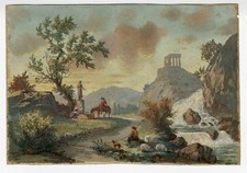 Zeichnung Landschaft Gouache 18. Jahrhundert Tempel Italien Gemälde