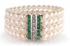4-reihiges Armband 108 Akoya Perlen 14 Smaragde 7 Brillanten 585 [BRORS 19581]