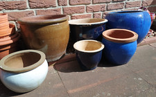 6 große Pflanzkübel Blumenkübel Pflanzbehälter Töpfe glasiert blau weiß braun