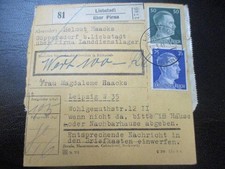 #2336 Paketkarte aus LIEBSTADT über Pirna, Landdienstlager nach Leipzig