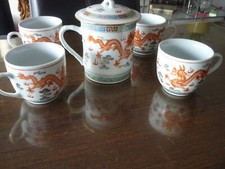 5 Teetassen  Kaffeetassen Drache rot China Porzellan Tasse Muster farbig
