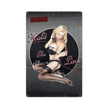 Hold The Line Flugzeug Nose Art Pin Up USA Vintage Retro Sign Blechschild Schild