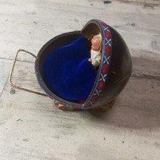 Alte Rarität Kokosnuss Puppenwagen 2 Kinder Biegefiguren Sonneberg 50er Vintage