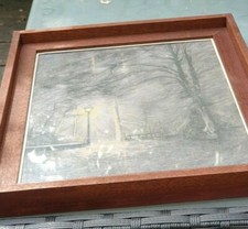 Bild Unikat Bleistift Zeichnung Abend Im Park 1985 von K. Bruhns 27x32 cm Rahmen