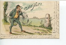 Lithographie All Heil, Radfahrer mit Panne trägt sein Fahrrad (1808), 1900