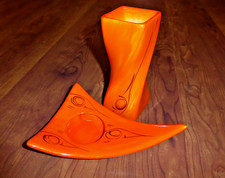 1 Set - orange Vase, viereckig-verdreht + Kerzenständer bemalt - Keramik-glaze