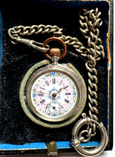 LAC Taschenuhr Damen - 800er Silber Blumendekor - Uhrenkette ,Etui - Werk läuft