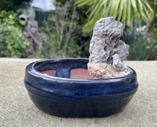Bonsai  Schale Oval Blau emailliert Ton mit festmontiertem Stein