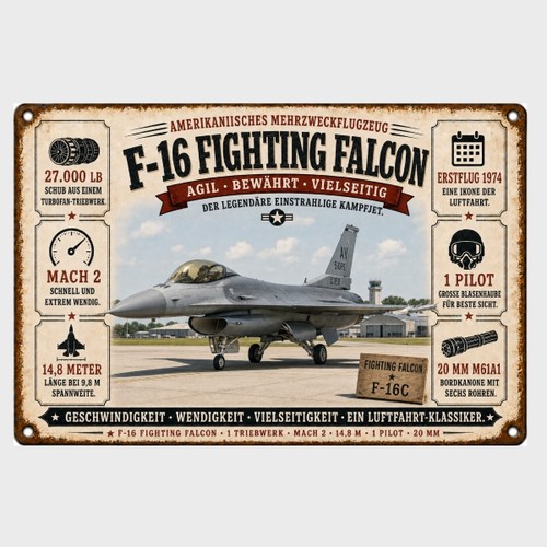 Blechschild jagdflugzeug - f-16,
