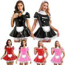 DE Damen Lackleder Französisch Maid Cosplay Kostüme Kurzes Kleid Party Clubwear