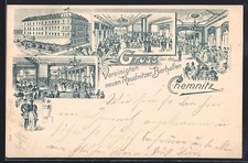 Lithographie Chemnitz, Restaurant Vereinigte Reudnitzer Bierhallen mit Besucher 
