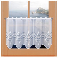 Scheibengardine Meereshauch Vogtländische Spitze Badgardine maritim Muschel blau